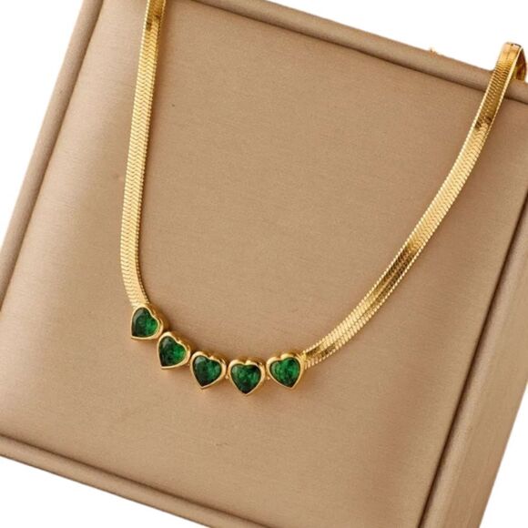 Green Hearts Stainless Steel Crystal Gold-tone Snake Chain Choker Necklace - Picture 6 of 13